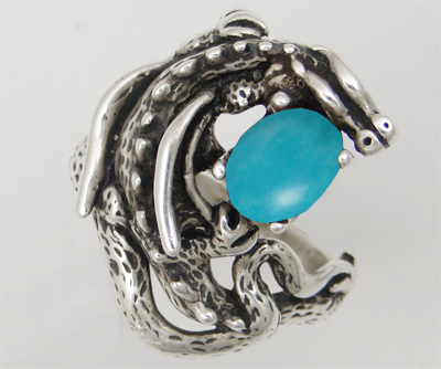 Sterling Silver Dragon of Protection Ring With Turquoise Size 12